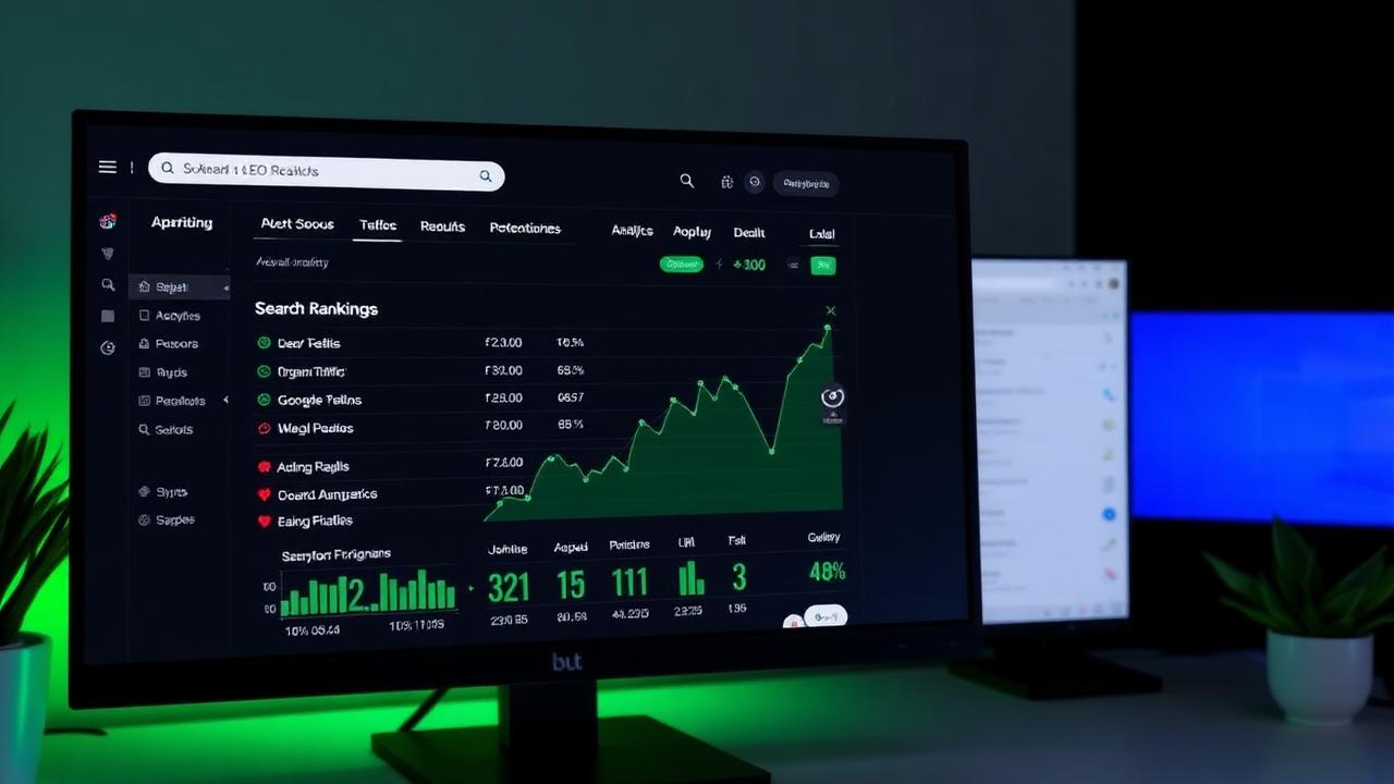 SEO analytics dashboard showing search rankings